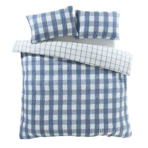 Catherine Lansfield Brushed Seersucker Gingham Reversible Double Duvet Cover Set with Pillowcases Blue