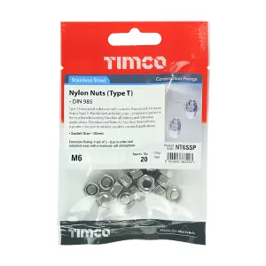 TIMCO Nylon Insert Nuts Type T DIN985 A2 Stainless Steel - M6