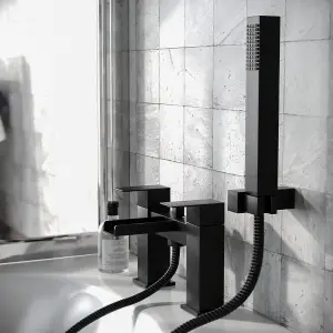 Matte Black Waterfall Basin Sink Mono Tap & Bath Shower Mixer With Handset Kit & Waste