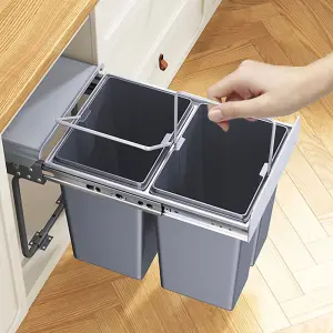 Pull Out Kitchen Bin Recycling Bins for Kitchen Built-In Waste Bins 2x20L Removal Container with Fixing Waste Brackets Grey