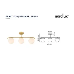 Nordlux Grant Indoor Bedroom Kitchen Dining Hallway 3 Glass Domes Pendant Ceiling Light in Brass (Length) 69.3cm