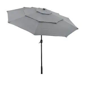 2.89M Tiltable Garden Parasol Outdoor Sun Shade Umbrella with Solar LED Lights Crank Tilt No Base, Light Grey