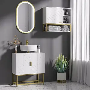 Modern Bathroom Sink Cabinet, Freestanding Under Sink Storage Cabinet, Space Saving Wooden Basin Cupboard with 2 Doors