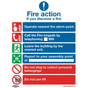 1x FIRE ACTION & LIFT Health & Safety Sign - Rigid Plastic 200 x 250mm Warning