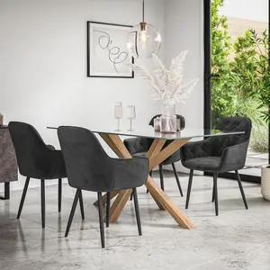 Etta Glass Dining Table And Chairs - Glass Top w Solid Oak Legs + Anika Velvet Dining Chair Set Of 6 (Black)