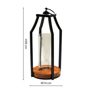 Felicity Circular Base Lantern in Acacia Wood/Black H30cm W14cm