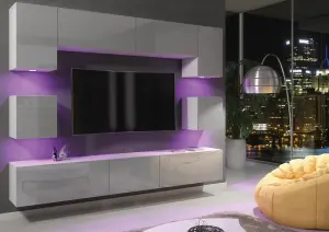 Panorama Wall TV Unit White & Grey with High Gloss Doors and LED Lighting - Creative Furniture