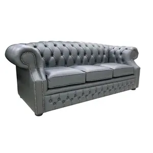 Chesterfield 3 Seater Vele Charcoal Grey Leather Sofa In Buckingham Style