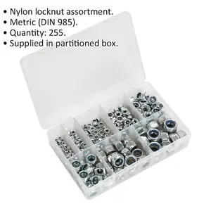 Comprehensive 255 Piece Nylon Locknut Set - M4 to M16 in Partitioned Storage Box