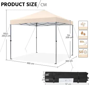 Pop Up Gazebo, 3x3m Easy One Person Setup Instant Shelter, Waterproof Garden Patio Canopy with 4 Sandbags, 4 Ropes & 8 Stakes, Whe