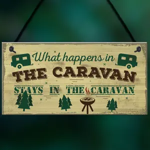 Red Ocean What Happens In The Caravan Campervan Novelty Shabby Chic Camping Holiday Door Sign Plaque