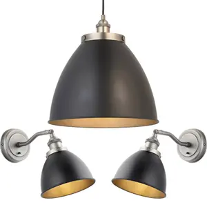 Ceiling Pendant & 2x Matching Wall Light - Matt Black Aged Pewter Finish