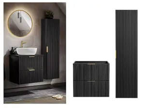 Bathroom Vanity Unit 600mm Drawer and Tall Cabinet Tallboy Set Ribbed Textured Black Modern Wall Hung Furniture Adel