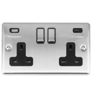 2 Gang Switched Socket with 2x USB: (1x Type A & 1x Type C) Satin Enhance Range Black Trim