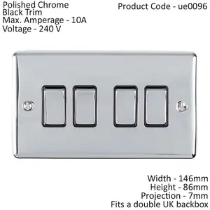 4 Gang Quad Light Switch POLISHED CHROME 2 Way 10A Black Trim & Metal Rocker