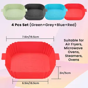 Silicone Air Fryer Liners 4-Pack Of Square Baskets 6.5" - Food Safe, Reusable, Convenient Replacement For Parchment. Easy To Clean, Microwave Oven Safe, Fast Even Heating (3-6Qt)