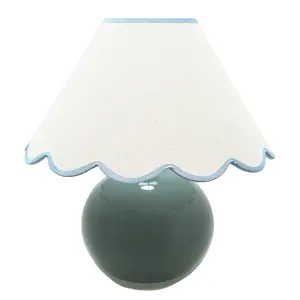 ValueLights Bosco Eucalyptus Ceramic Table Lamp with Blue Trim Scallop Shade - LED Bulb Included