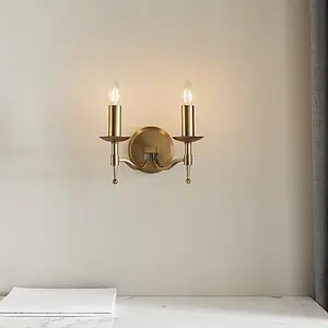 Luminosa Stanford 2 Light Indoor Twin Candle Wall Light Antique Brass, E14