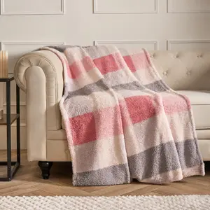 Gingham Teddy Fleece Throw Over Bed Blanket Check Warm, Blush - 150 x 200cm