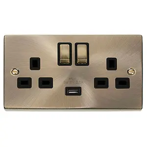 Antique Brass 2 Gang 13A DP Ingot 1 USB Twin Double Switched Plug Socket - Black Trim - SE Home