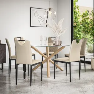 Malvern Round Dining Table And Chairs -  Clear Glass Table Top w Solid Oak Legs + Monza Faux Leather Dining Chair Set Of 6 (Beige)