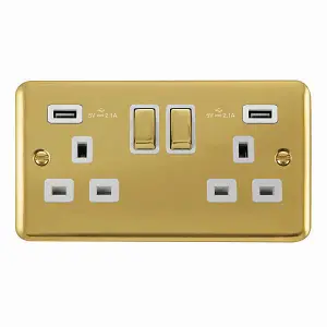 Curved Polished Brass 2 Gang 13A DP Ingot 2 USB Twin Double Switched Plug Socket - White Trim - SE Home