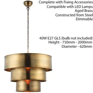 Hanging Ceiling Pendant Light AGED BRASS 3 Ring Metal Shade Lamp Bulb Holder