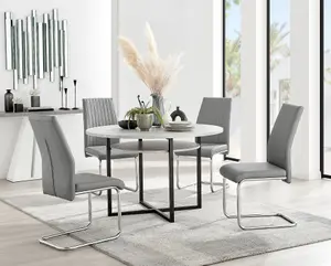 Adley Grey Concrete Effect And Black Round Dining Table with Storage Shelf and 4 Grey Lorenzo Chairs for Modern Sleek Dining Room