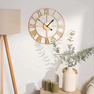 Large Wall Clock Roman Numerals Skeleton Big Open Round Face, Gold