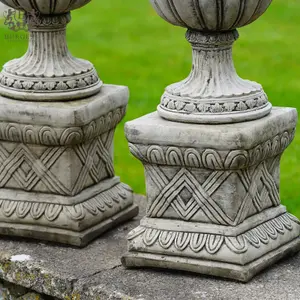 Pair of Vase Urns + Plinth Planters British made Stone Garden Ornament