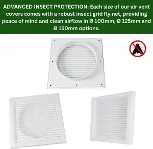 Square White Ventilation Grille with Flyscreen -Round 150mm or 6 inch Spigot - Vent Cover for Bathroom/ Kitchen - Louvered Grill