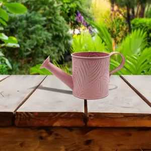 Watering Can Metal 1.1L Pastel Pink Planter 11cm Long Spout Emboss Leaf Garden