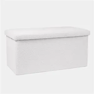 OHS Foldable Bouclé Rectangle Storage Ottoman - White