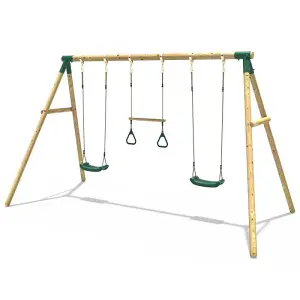 Rebo Wooden Garden Swing Set with 2 Swings and Trapeze Bar - Comet Green