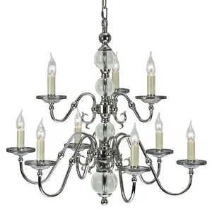 Flemish Ceiling Pendant Chandelier Polished Nickel & Crystal Curved 9 Lamp Light