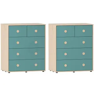 Junior Vida Neptune Blue & Oak 5 Drawer Chest Of Drawers Cabinet, Set of 2