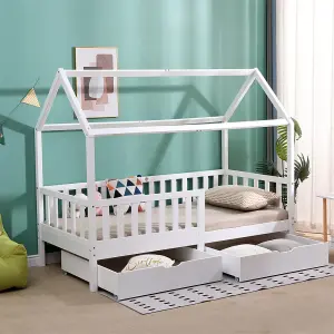 FurnitureHMD Wooden Kids Bed Frame,Solid Pine Wood,3 FT Single House Bed Frame,Chidren Floor Bed with Two Drawers