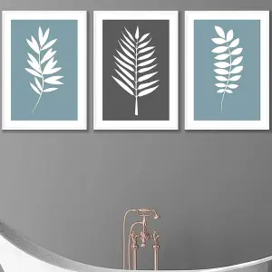 Set of 3 Blue Grey Graphical Leaves Wall Art Prints / 50x70cm / White Frame