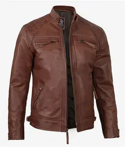 Distressed Brown Leather Jacket | Mens Biker Premium Quilted Jacket