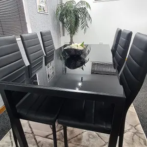 Glass Dining Table  Set 6,  Kitchen Dining set for 6 Black Table with 6 Leather Chairs Furniture Kosy Koala