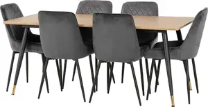 Hamilton Large Dining Set Oak Effect with 6 Grey Velvet Avery Chairs