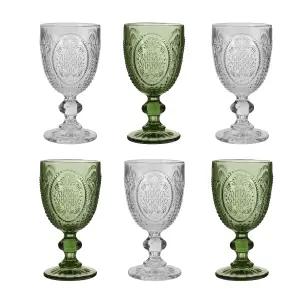 Set of 6 Vintage Luxury Green & Clear Drinking Wine Glass Wine Goblets 310ml