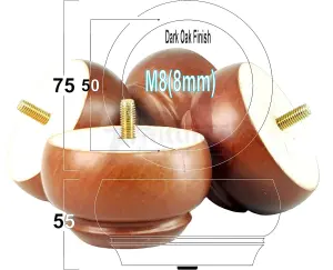 Wooden Leg Sofa Feet 55mm High Dark Oak Set of 4 Replacement Turned Bun Feet M8 PKC903