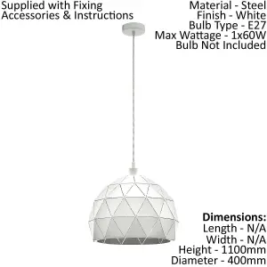 Pendant Ceiling Light Colour White Steel Round Faceted Shade Bulb E27 1x60W