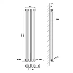 Vertical Black Triple Column Radiator (H) 1500mm x (W) 290mm, 4361 BTU.