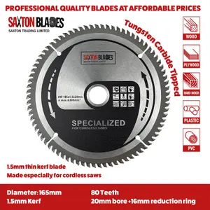 Saxton TCT16580TTCT Thin Kerf TCT Circular Saw Blade 165mm x 80 Teeth x 20mm Bore + 16mm Ring