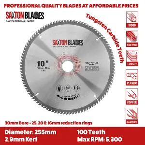 Saxton TCT255100TMPB TCT Circular Saw Blade 255mm x 100T x 30mm Bore + 16, 20, and 25mm rings