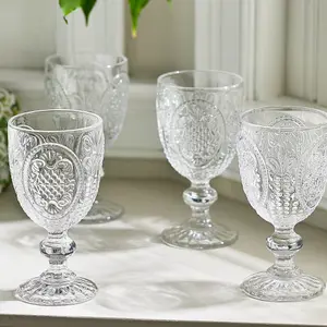 Set of 12 Vintage Luxury Clear Embossed Drinking Goblet Wine Glasses 310ml