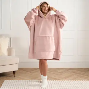 Faux Fur Hoodie Blanket Supersoft Oversized Fleece Wearable Throw, Blush