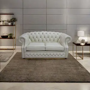 Chesterfield 2 Seater Cottonseed Cream Leather Sofa Bespoke In Buckingham Style